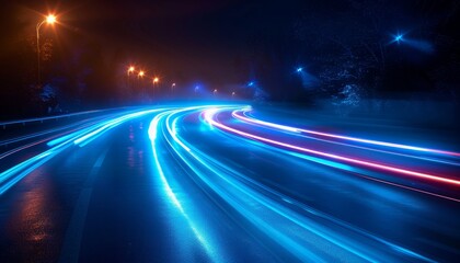 Fototapeta na wymiar A long, dark road with a bright blue line of light by AI generated image