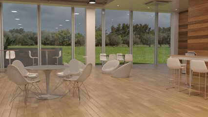 テレビ会議背景用 ZOOM会議背景用 CG ラウンジ エントランス 木 フローリング 木目 ランプ ライト 庭の見えるオフィス 自然の中のオフィス 郊外のオフィス　Luxurious Lounge Entrance for using in video conference and as a zoom background.