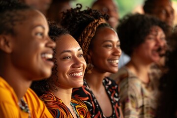 Group of joyful black people with a focus on bright smiling faces.