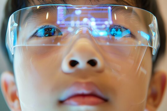 Illustrate a creative view from below of a 12-year-old Asian boys fresh face The boy sports sleek smart glasses showcasing digital info Ensure a detailed portrayal of the complete figure with a focus
