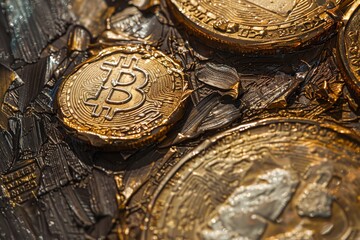 Illustrate a detailed close-up portrait of unrefined Bitcoins, akin to raw gold nuggets, in traditional acrylic medium Capture the intricate details and textures of the coins, emphasizing the natural