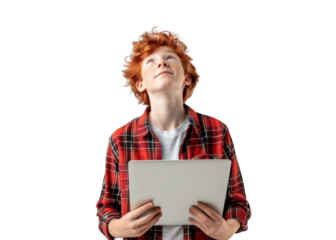 Redhead Teenager with Tablet Looking Upward