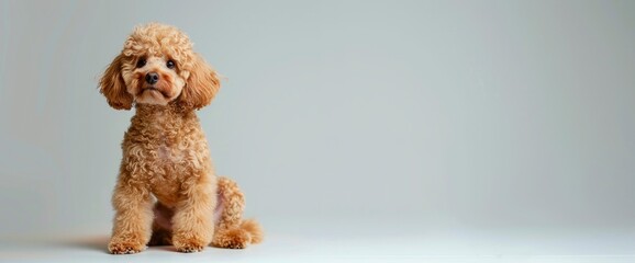 A cute Poodle sitting on the floor, looking at the camera on an isolated white background