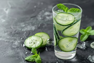 Refreshing cucumber mocktail with mint on a dark surface.