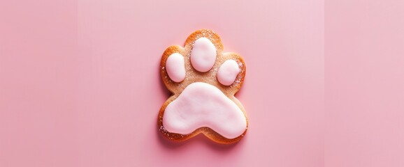 A single dog paw cookie on a solid pink background. The puppy-shaped cookies have pastel-colored icing that forms the shape of cat paws and is dusted with white powder to look like fur - obrazy, fototapety, plakaty
