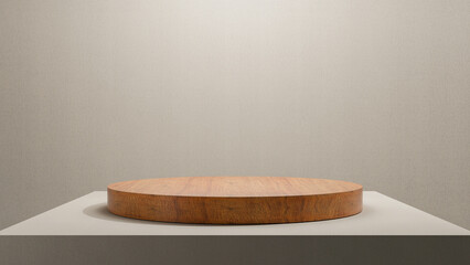 Round wooden podium in white table for product display in white background and spotlight