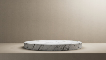 round cylindric marble podium on white table and beige wall background. White marble empty display with copy space - perfect place for product placement and cosmetics. luxury podium with soft light