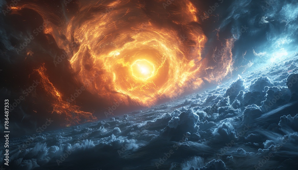 Canvas Prints a space scene with a large orange sun in the center and a blue sky with clouds by ai generated image