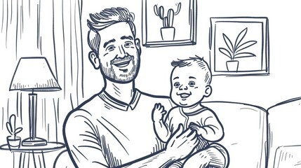 A happy man holding a joyful baby indoors