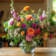 Beautiful bouquet of fresh flowers in vase on wooden table indoors 