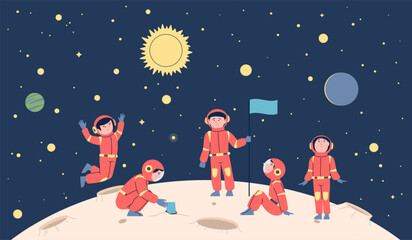 Children space adventures. Kids exploring planes space, on moon or mars travel. Child wear space suit, universe little explorers recent vector scene