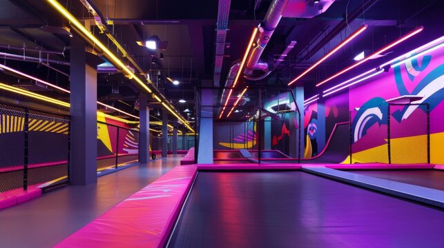 Modern indoor trampoline park, with its sleek design and vibrant color scheme