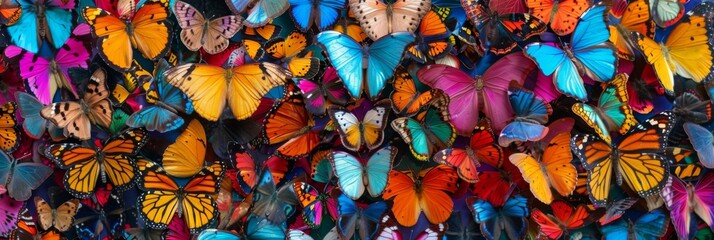 Colors with a meticulously curated wall display featuring a diverse array of vibrant butterfly specimens