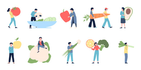 Vegetarian characters. People hold fresh vegetables and fruits. Farm market visitors, agriculture products. Vegan life, vitamin nutrition recent vector set