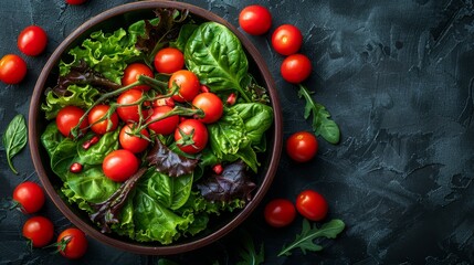   A black countertop holds a bowl filled with lettuce and tomatoes Nearby, a cluster of cherry tomatoes sits atop it