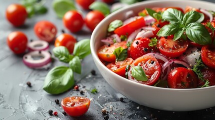   A tight shot of a table-placed bowl brimming with tomatoes, onions, basil, and red onions