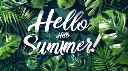Lettering spelling out Hello Summer! with an avant-garde backdrop featuring exotic foliage - obrazy, fototapety, plakaty