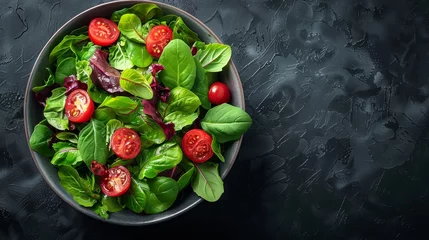 Foto op Plexiglas   A bowl of salad with lettuce, tomatoes, and red ripe tomato slices on a black tablecloth © Jevjenijs
