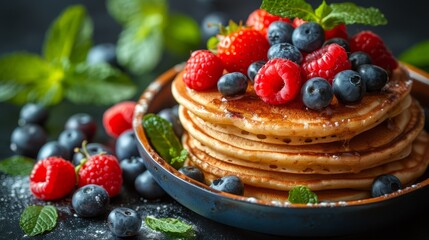   A tight shot of a plate stacked with pancakes, topped with red berries and blueberries Nearby, mint leaves decorate the table