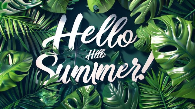 Lettering spelling out Hello Summer! with an avant-garde backdrop featuring exotic foliage