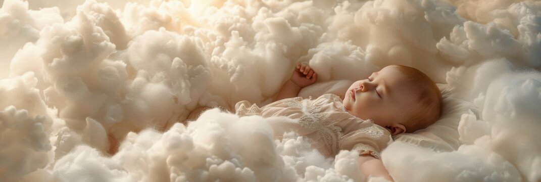 Sleeping baby in a cozy atmosphere, decorated with plush blankets, while wavy clouds gently swirl around him