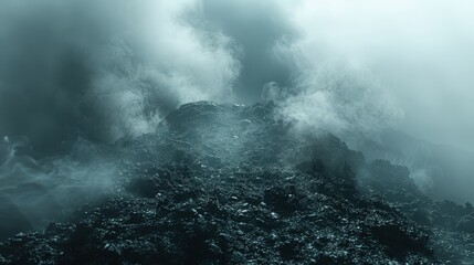   A monochrome image of a mountain shrouded in smoky haze, with smoke ascending from its peak