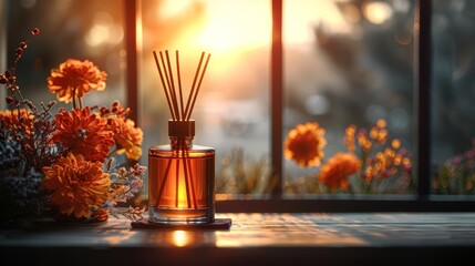  A bottle of reeds on the table, beside a vase filled with flowers, and a window in the background