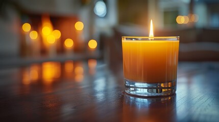   A lit candle atop a wooden table; next to it, a glass holding a liquid and a second lit candle