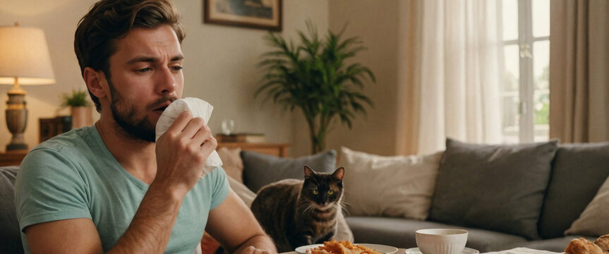 Young man with an allergy to cat hair is sneezing in a napkin 