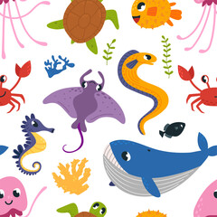 Ocean animal seamless pattern. Sealife adventures characters. Cartoon whale, jellyfish and seahorse. Colorful fabric print, classy cartoon vector background