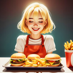 Cartoon of a nice blonde girl sitting at the table with a tray on which there are french fries, cola and hamburgers.