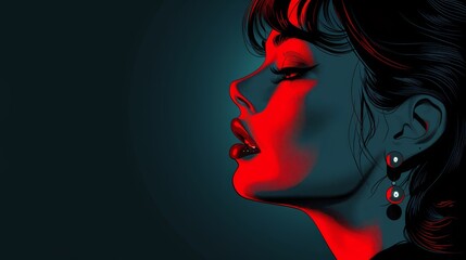   A tight shot of a woman's face against a black backdrop, her mouth emitting scarlet light
