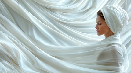   A woman in a turban stands before white drapery - obrazy, fototapety, plakaty