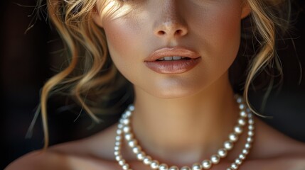   A mannequin wearing a close-up of a woman's face with a pearl necklace around its neck