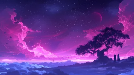 Cercles muraux Bleu foncé  Tree in foreground under purple sky  Stars in background amidstpurple night sky