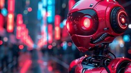   A red robot stands in the city's heart at night, aglow with red lights beaming from its head
