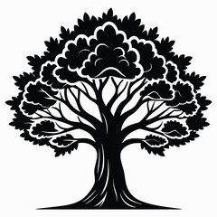 Tree silhouette vector black color linocut style, tree illustration isolated in white background, Abstract black and white tree clip art pattern for design.
