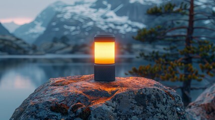   A light atop a rock by a lake, mountain range in background