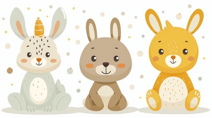   Three bunnies sit adjacent, one bearing a unicorn atop, while the other is graced with a bunny