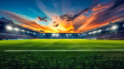 Fototapeta premium Dramatic sunset over an empty soccer stadium. Vivid sky above the grass field. Concept of sports in nature's beauty. Perfect for background use. Nature meets sport at twilight. AI