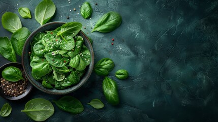   A bowl brimming with spinach, nearby, a spoon holding seeds and leaves atop a verdant surface