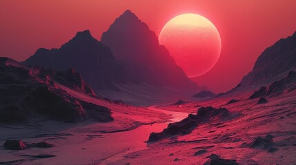   An alien landscape with a red sun centrally positioned in the sky and a mountain range in the foreground - obrazy, fototapety, plakaty