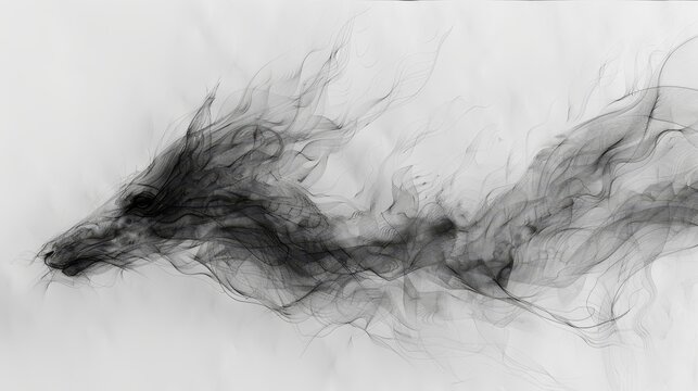   A monochrome image of smoke emanating from a black and white animal's head