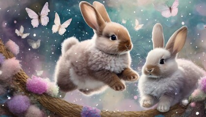 A fluffy, bouncing cute rabbit gives a sense of realism and a gentle fairy-tale impression, creating a background that maximizes the visual effect. - obrazy, fototapety, plakaty