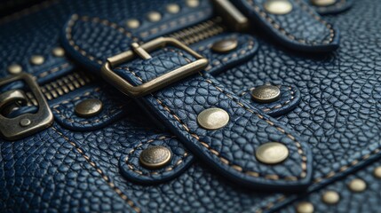   A tight shot of a blue leather bag, adorned with rivets lining its side