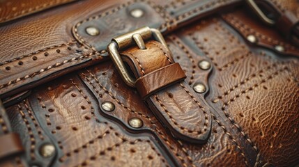  metal buckle adorns its front; back sports a leather strap - obrazy, fototapety, plakaty