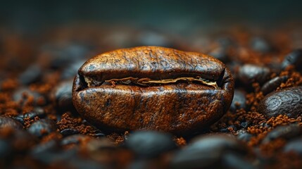   A tight shot of a solitary coffee bean atop a mound of beans, surrounded by more coffee beans in the foreground and background