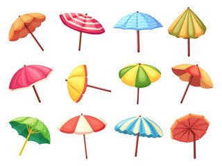 Isolated beach umbrellas. Cartoon umbrella for summer leisure and ocean resting. Sun skin protect, open colorful parasols, nowaday cartoon set