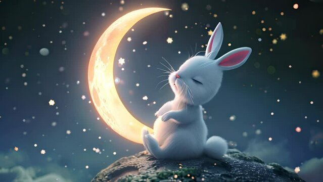 peaceful rabbit cuddling with a glowing crescent moon on a whimsical night.