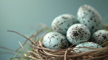 Naklejka na ściany i meble A nest brimming with eggs atop a verdant grassy expanse, beside a gentle light blue backdrop